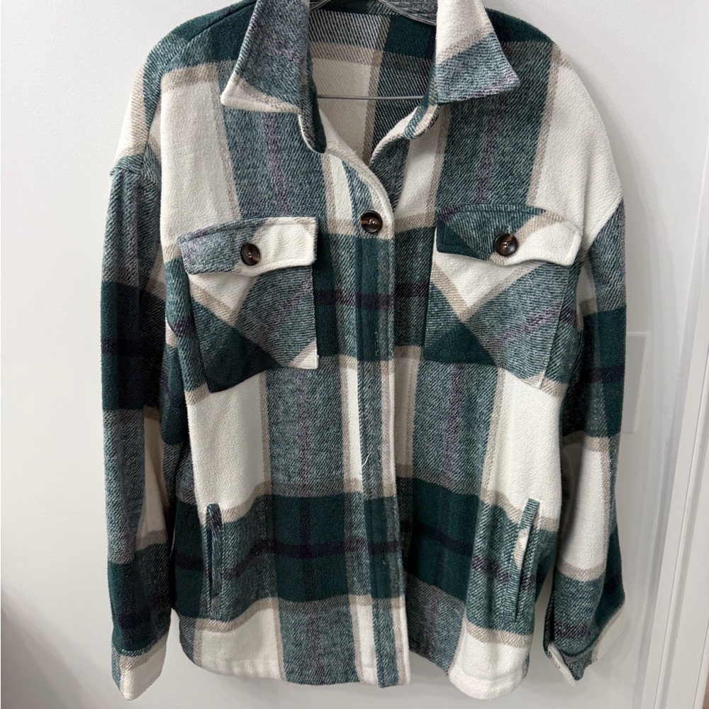 Staccato Green and Cream Plaid Utility Shacket